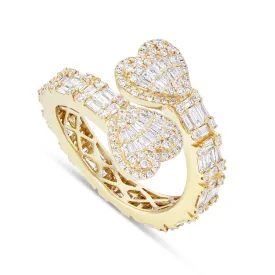 14K Gold 1.75ct Baguette Diamond Double Heart Wrap Ring