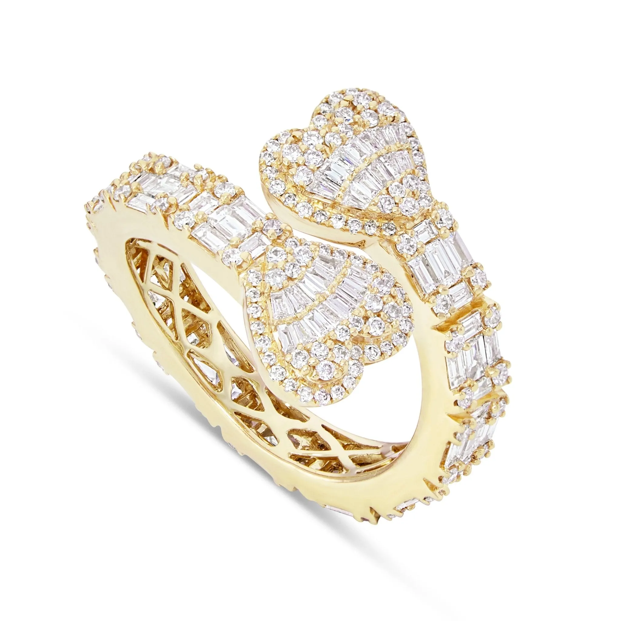 14K Gold 1.75ct Baguette Diamond Double Heart Wrap Ring