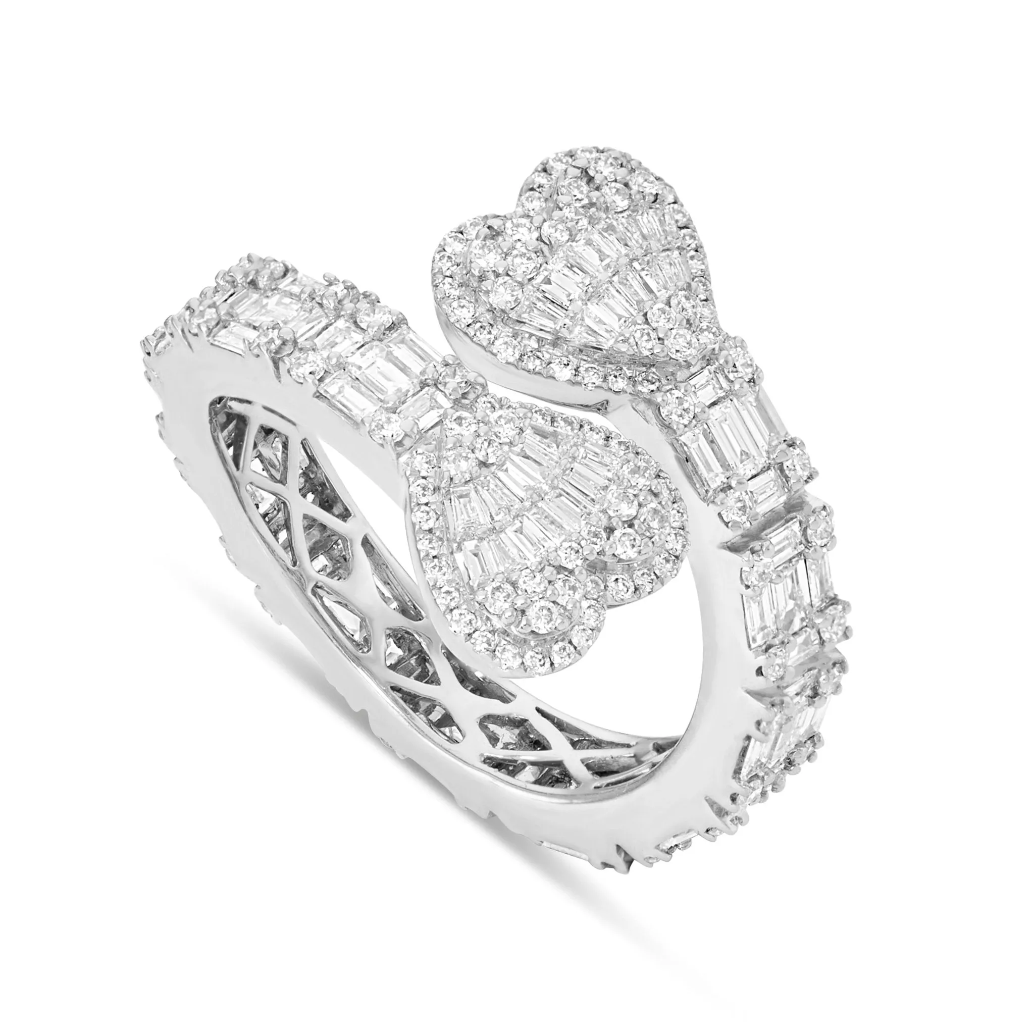 14K Gold 1.75ct Baguette Diamond Double Heart Wrap Ring
