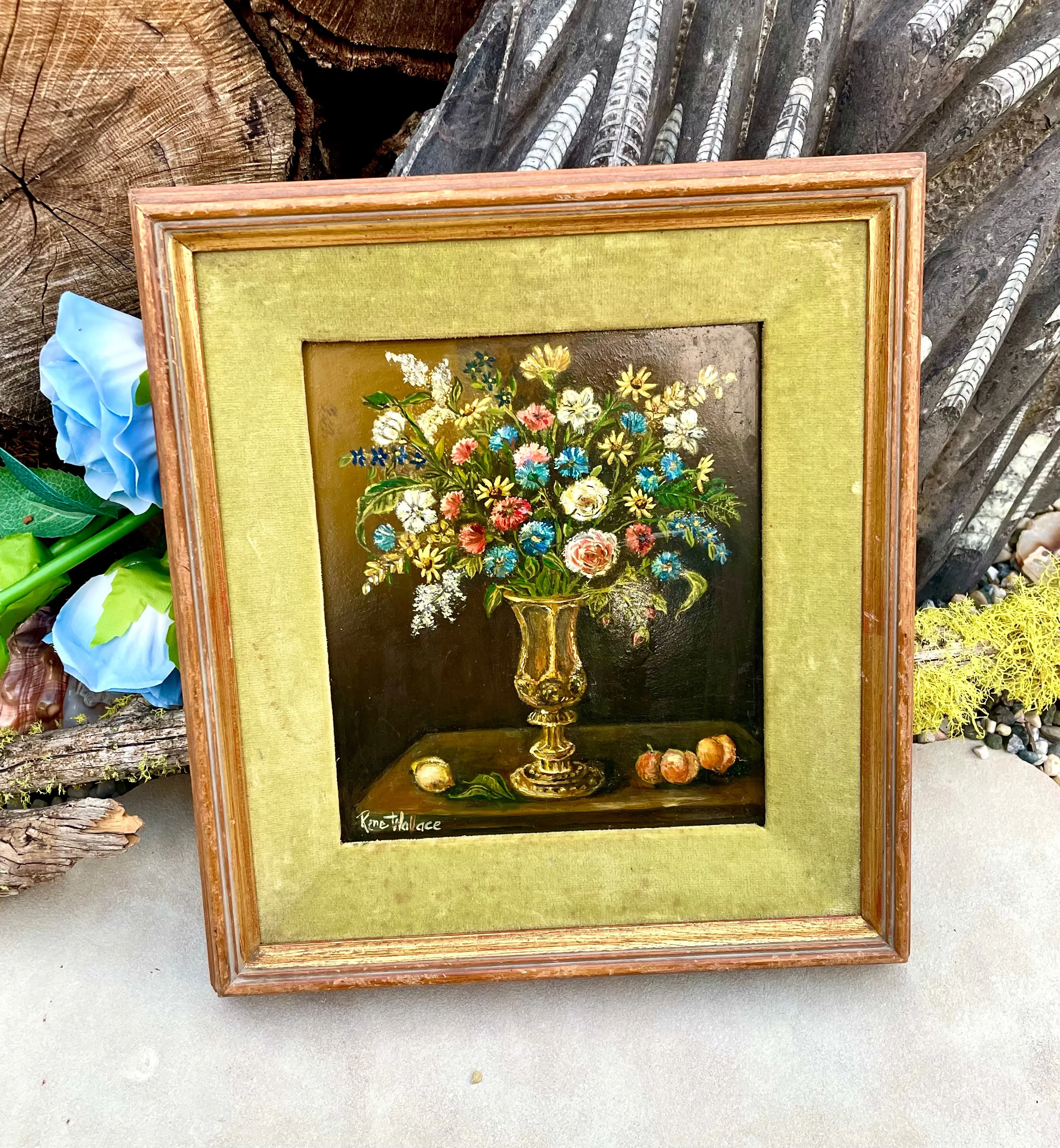 Antique Impressionist Artist Rene Wallace Still Life Flowers Framed Oil Painting
