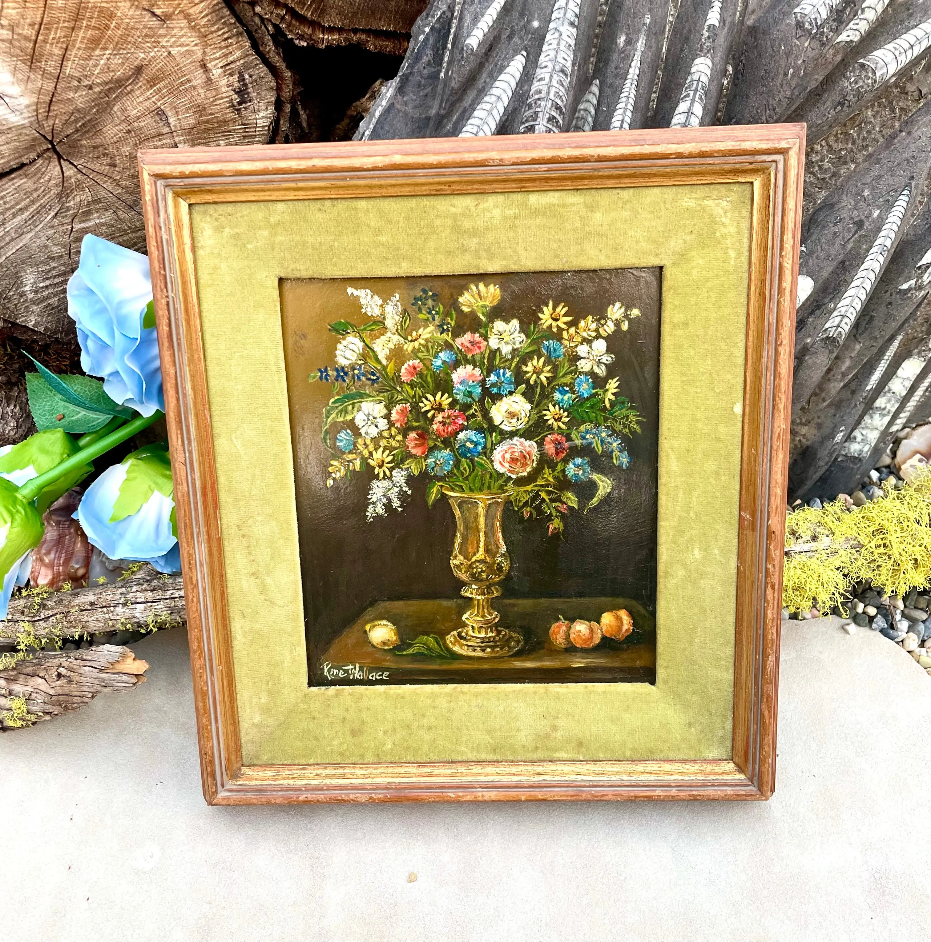 Antique Impressionist Artist Rene Wallace Still Life Flowers Framed Oil Painting