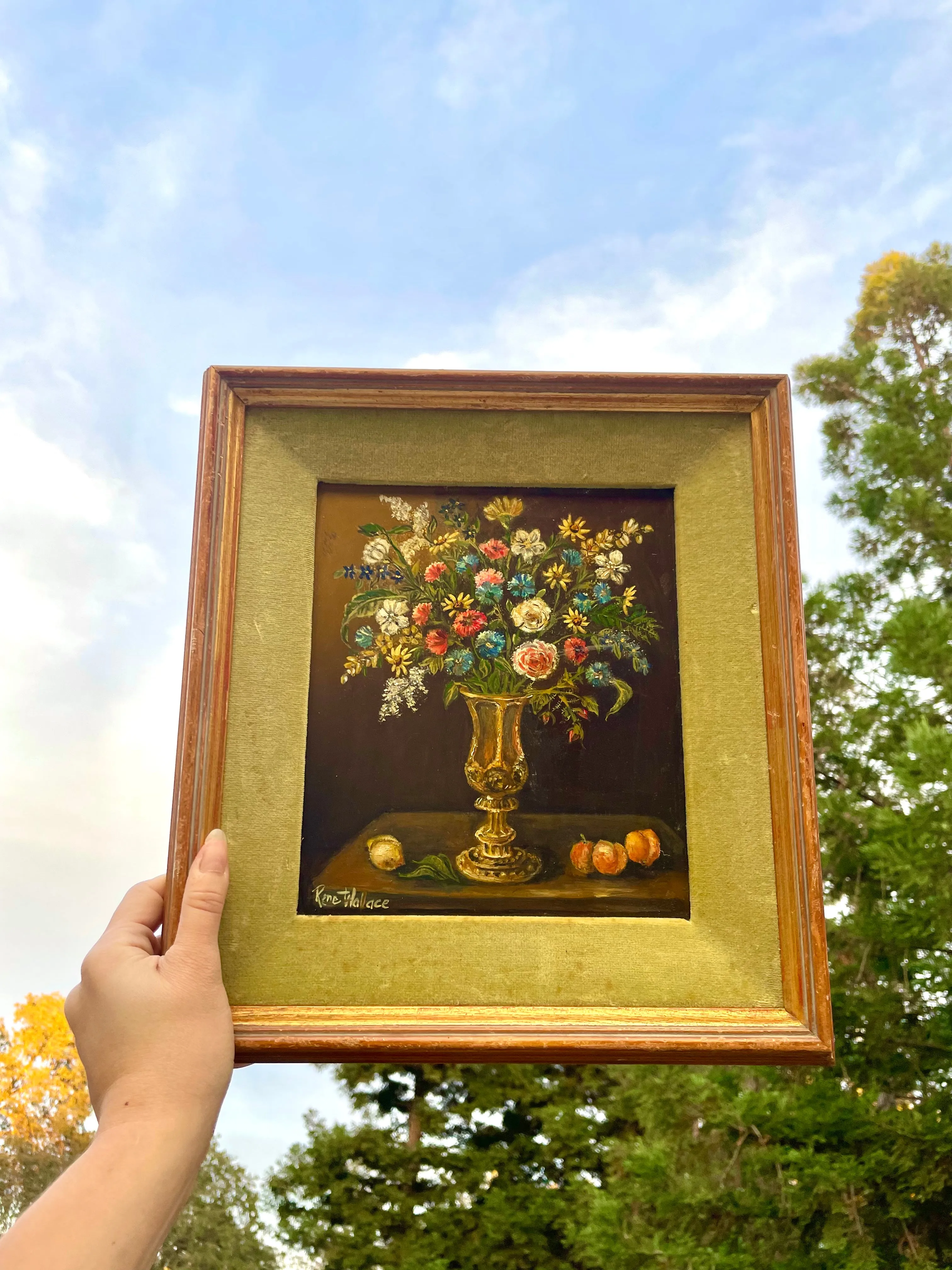 Antique Impressionist Artist Rene Wallace Still Life Flowers Framed Oil Painting