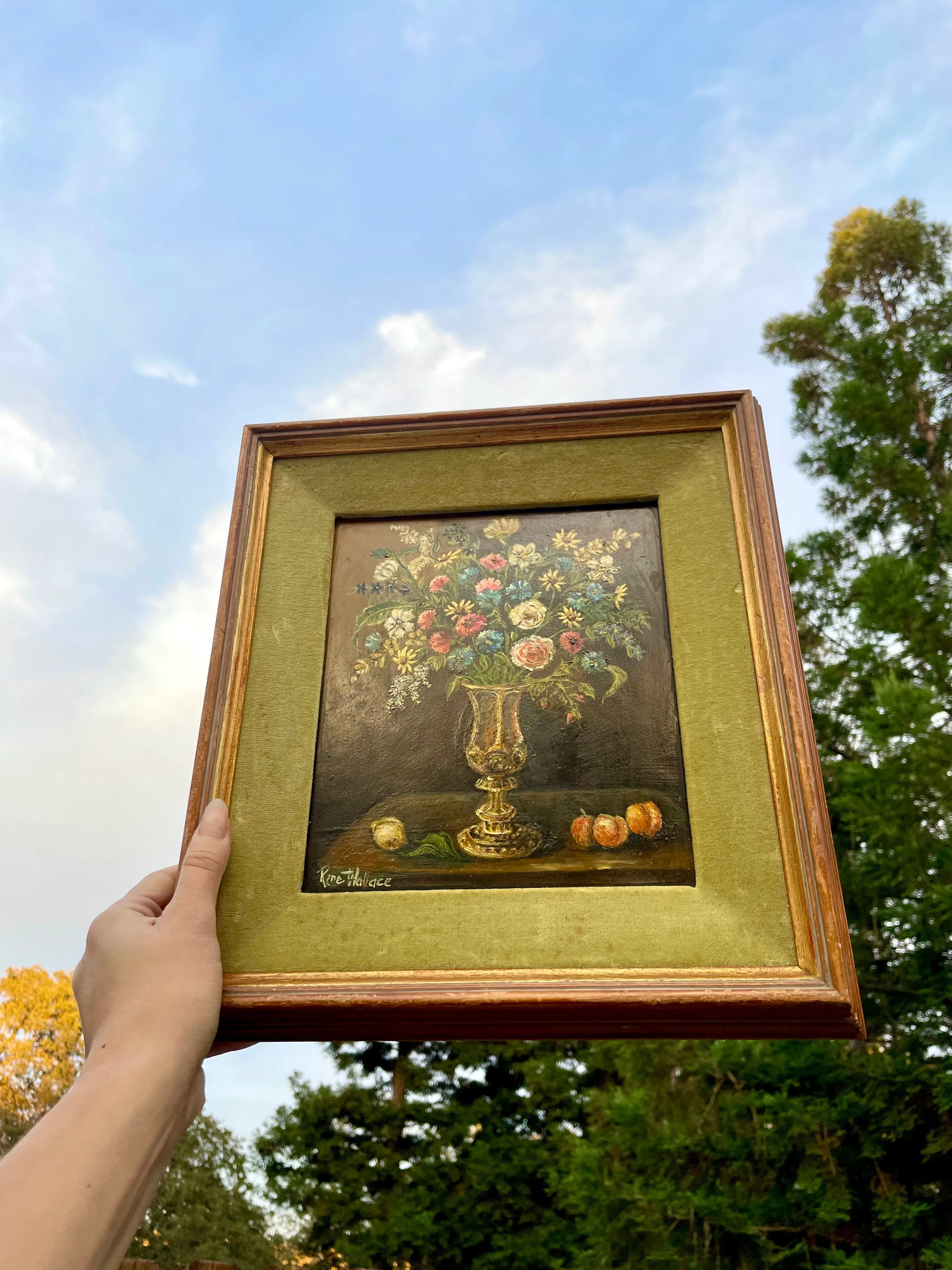 Antique Impressionist Artist Rene Wallace Still Life Flowers Framed Oil Painting