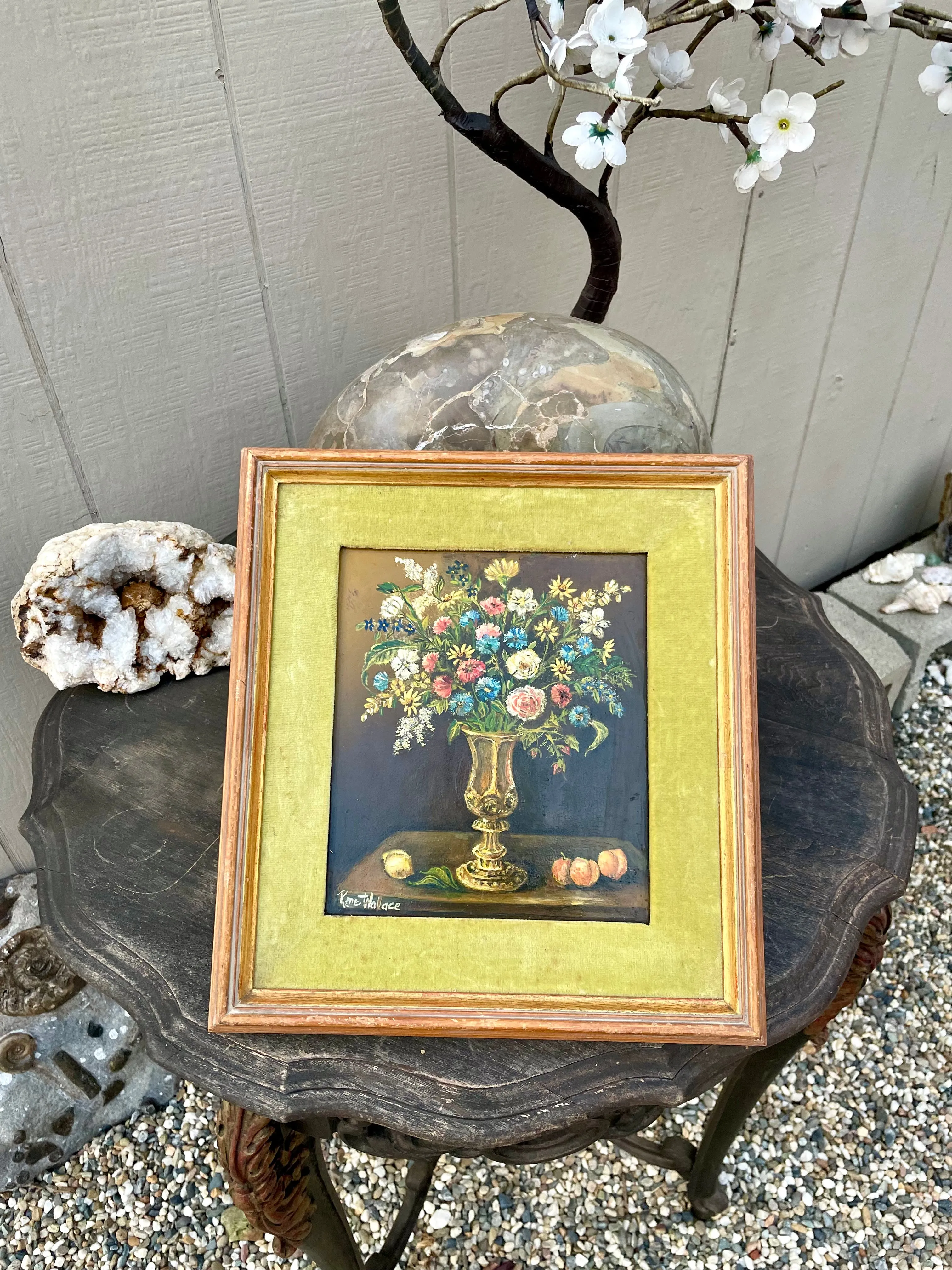 Antique Impressionist Artist Rene Wallace Still Life Flowers Framed Oil Painting