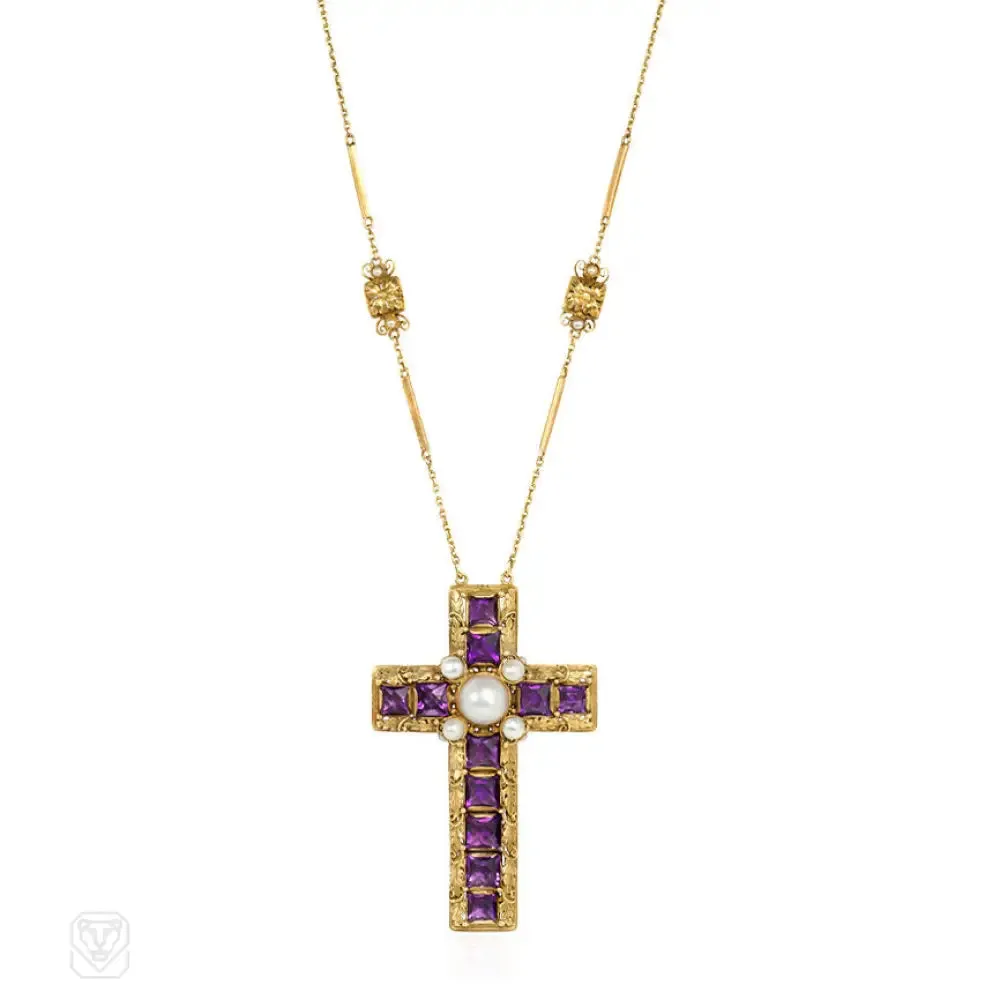 Art Nouveau amethyst and pearl cross with chain