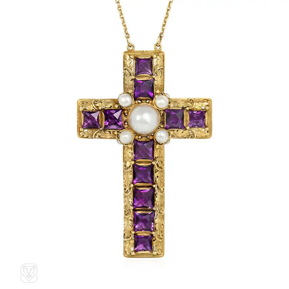 Art Nouveau amethyst and pearl cross with chain