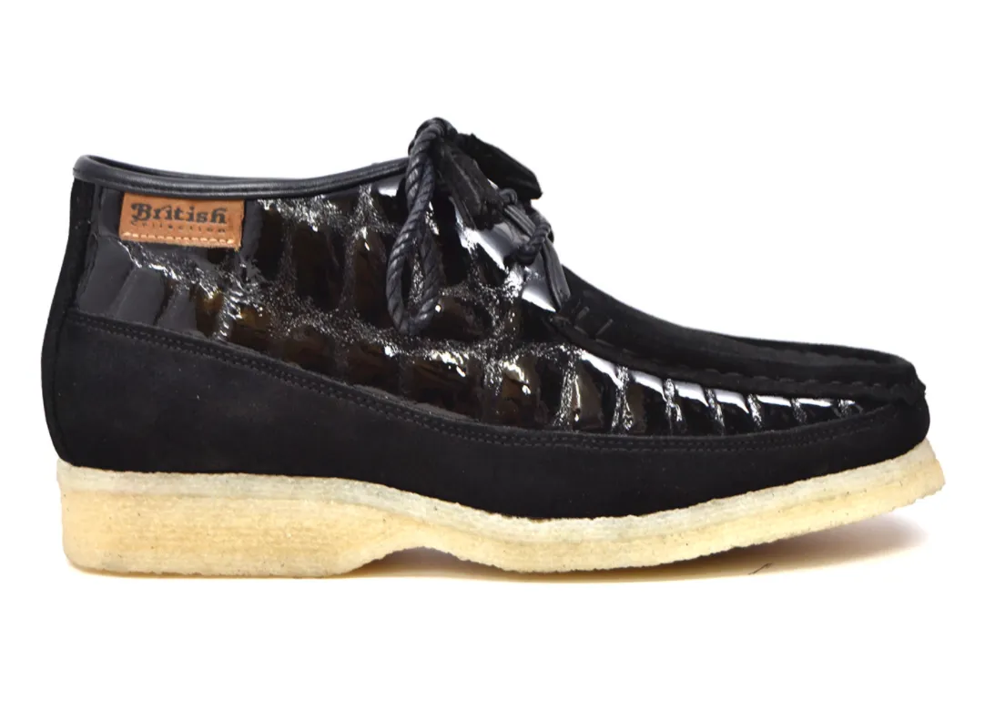 British Collection Knicks Suede and Croc Lace Up Shoe with Crepe Sole - Croc Pattern & Suede - Handmade - Available in Black, Navy, Burgundy
