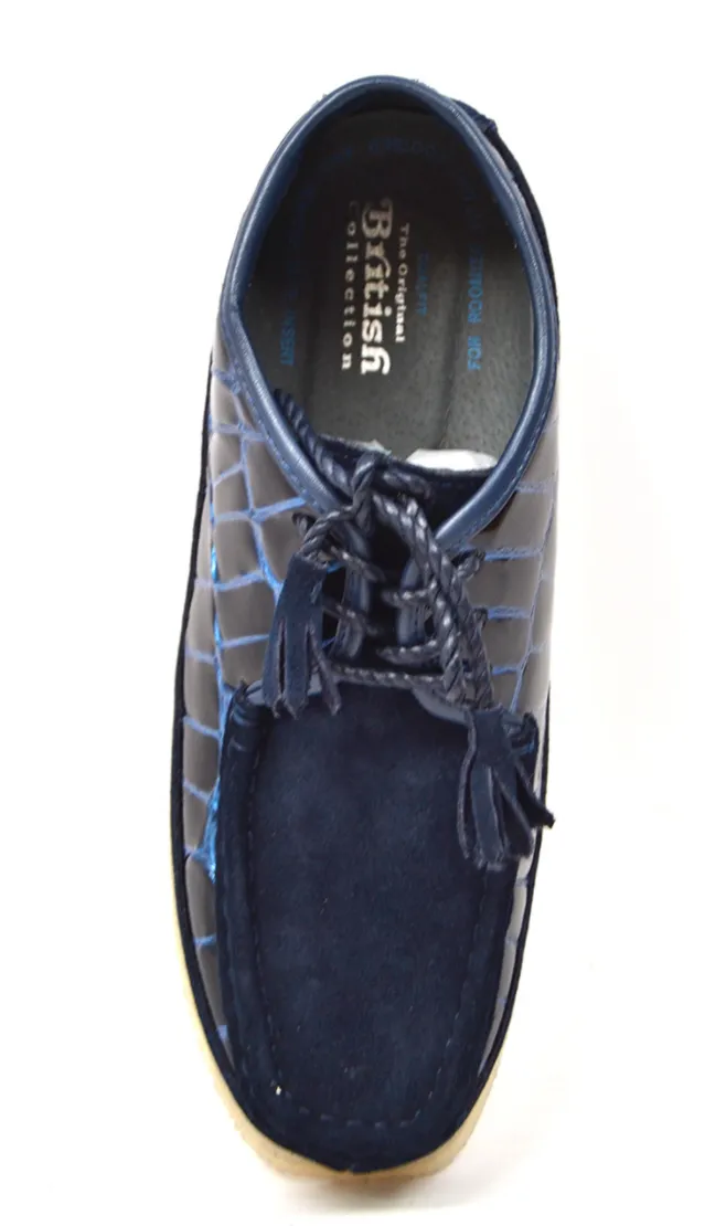 British Collection Knicks Suede and Croc Lace Up Shoe with Crepe Sole - Croc Pattern & Suede - Handmade - Available in Black, Navy, Burgundy