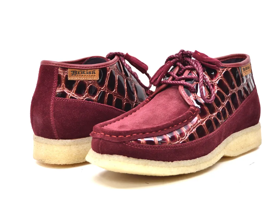 British Collection Knicks Suede and Croc Lace Up Shoe with Crepe Sole - Croc Pattern & Suede - Handmade - Available in Black, Navy, Burgundy