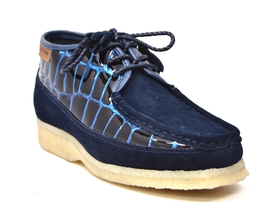British Collection Knicks Suede and Croc Lace Up Shoe with Crepe Sole - Croc Pattern & Suede - Handmade - Available in Black, Navy, Burgundy