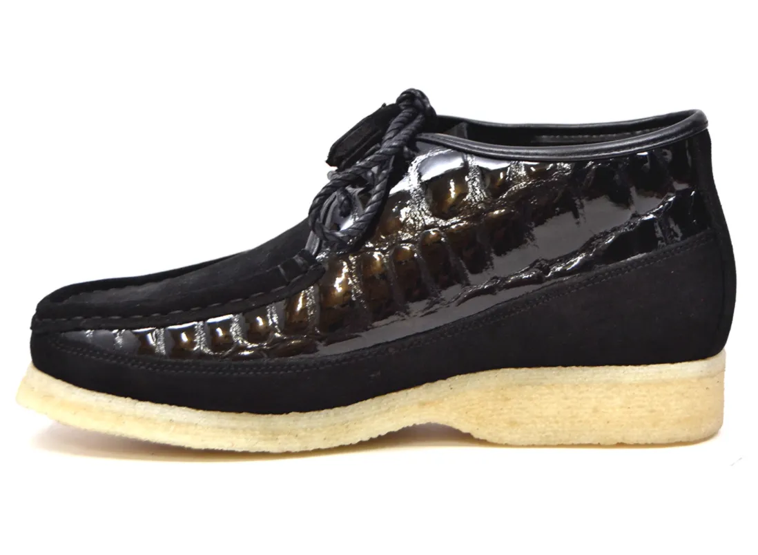 British Collection Knicks Suede and Croc Lace Up Shoe with Crepe Sole - Croc Pattern & Suede - Handmade - Available in Black, Navy, Burgundy