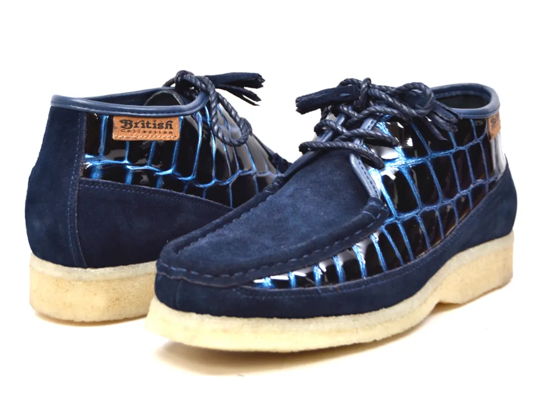 British Collection Knicks Suede and Croc Lace Up Shoe with Crepe Sole - Croc Pattern & Suede - Handmade - Available in Black, Navy, Burgundy