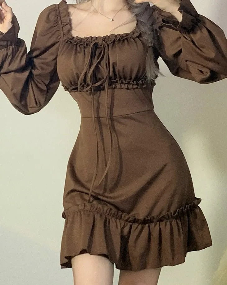 Casual Solid Ruffles A-Line Dress Korean Style Turn-Down Collar Puff Sleeve Mmini Dresses For Women Autumn Winter