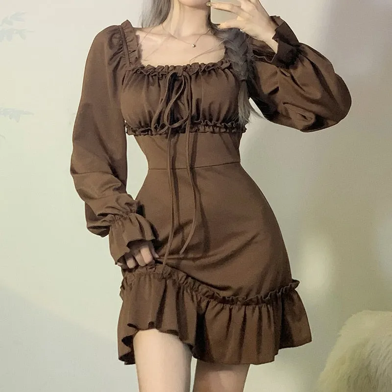 Casual Solid Ruffles A-Line Dress Korean Style Turn-Down Collar Puff Sleeve Mmini Dresses For Women Autumn Winter