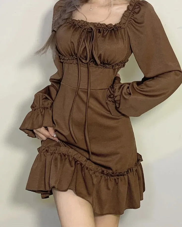 Casual Solid Ruffles A-Line Dress Korean Style Turn-Down Collar Puff Sleeve Mmini Dresses For Women Autumn Winter