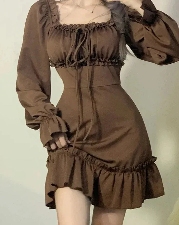 Casual Solid Ruffles A-Line Dress Korean Style Turn-Down Collar Puff Sleeve Mmini Dresses For Women Autumn Winter
