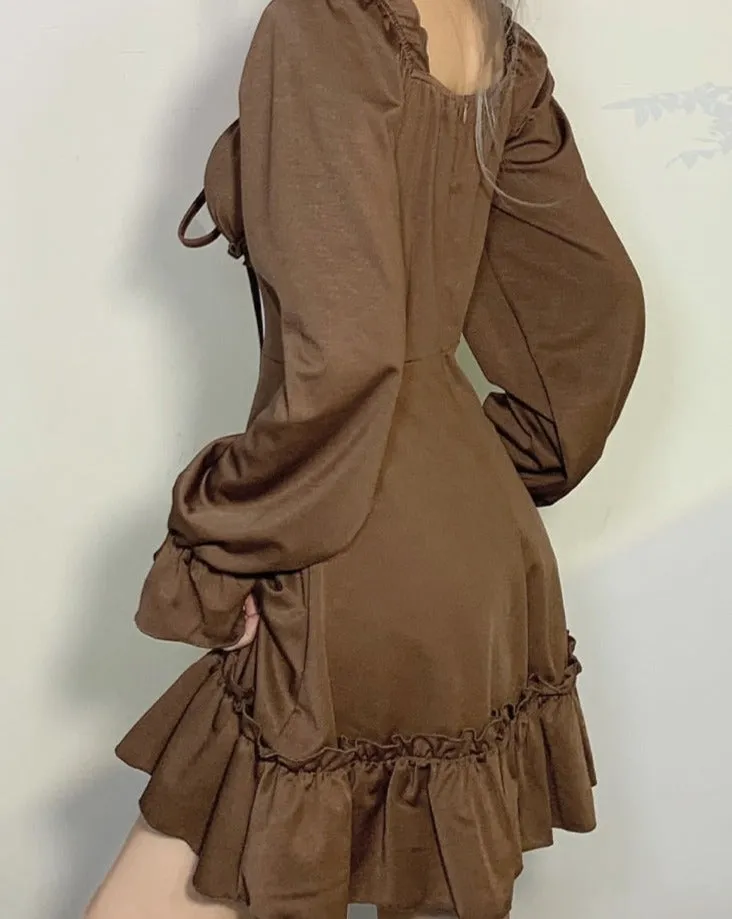 Casual Solid Ruffles A-Line Dress Korean Style Turn-Down Collar Puff Sleeve Mmini Dresses For Women Autumn Winter