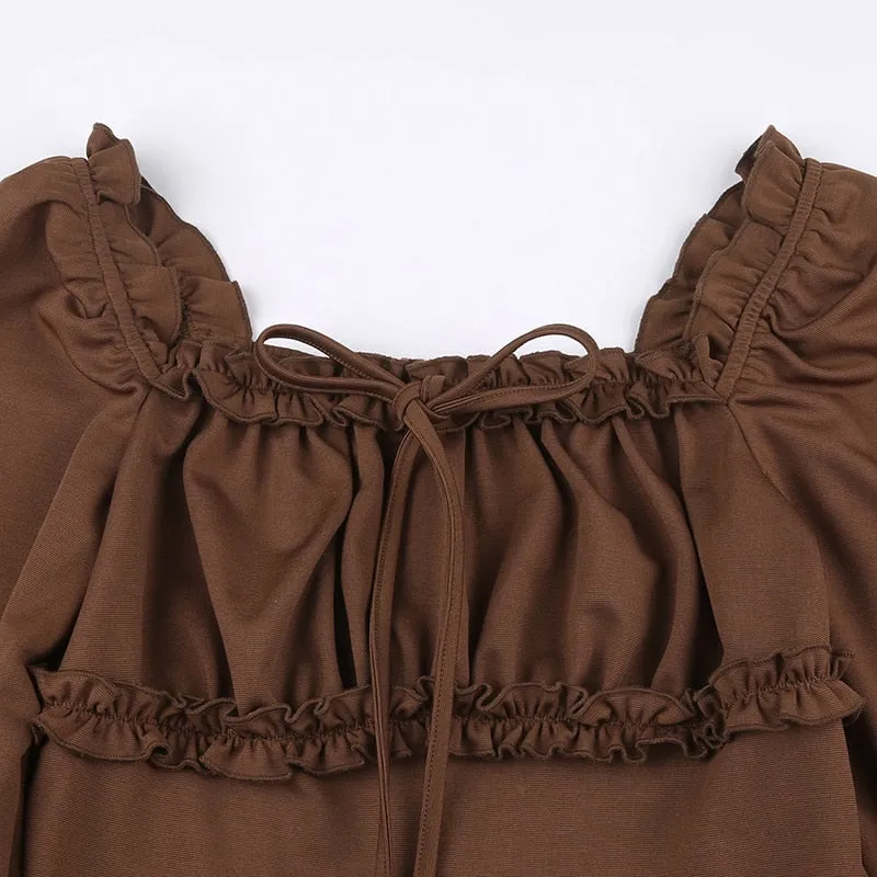 Casual Solid Ruffles A-Line Dress Korean Style Turn-Down Collar Puff Sleeve Mmini Dresses For Women Autumn Winter