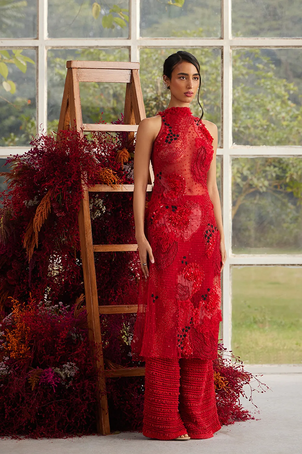 Crimson Glory Sheer Kurta with Sequin Scale-Knit Trousers