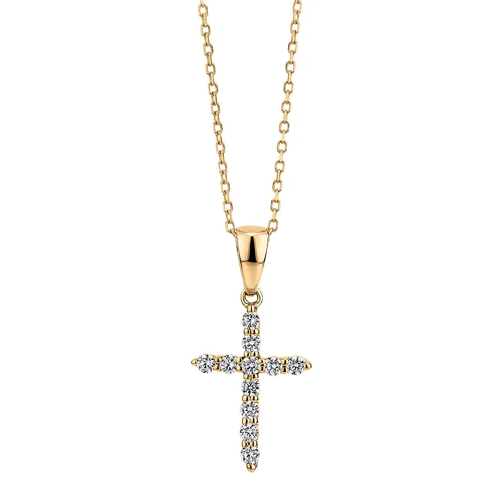 Cross pendant with diamond simulants in 10 carat yellow gold