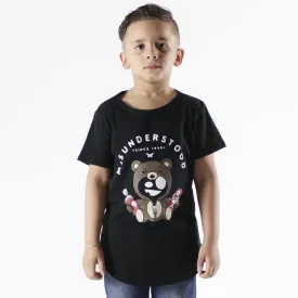 Entree Kids Misuderstood Teddy Bear Black Curved Hem Tee