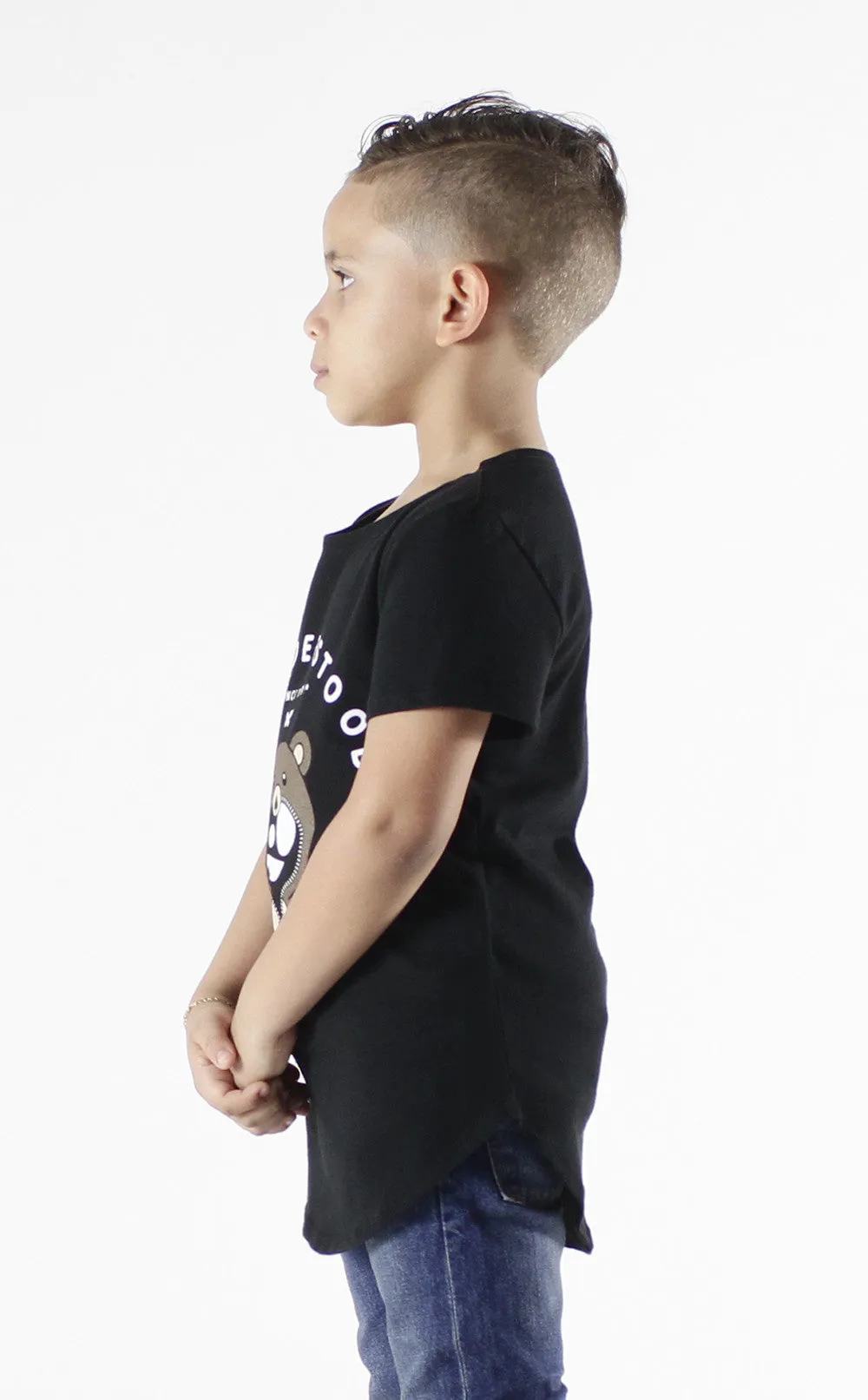 Entree Kids Misuderstood Teddy Bear Black Curved Hem Tee