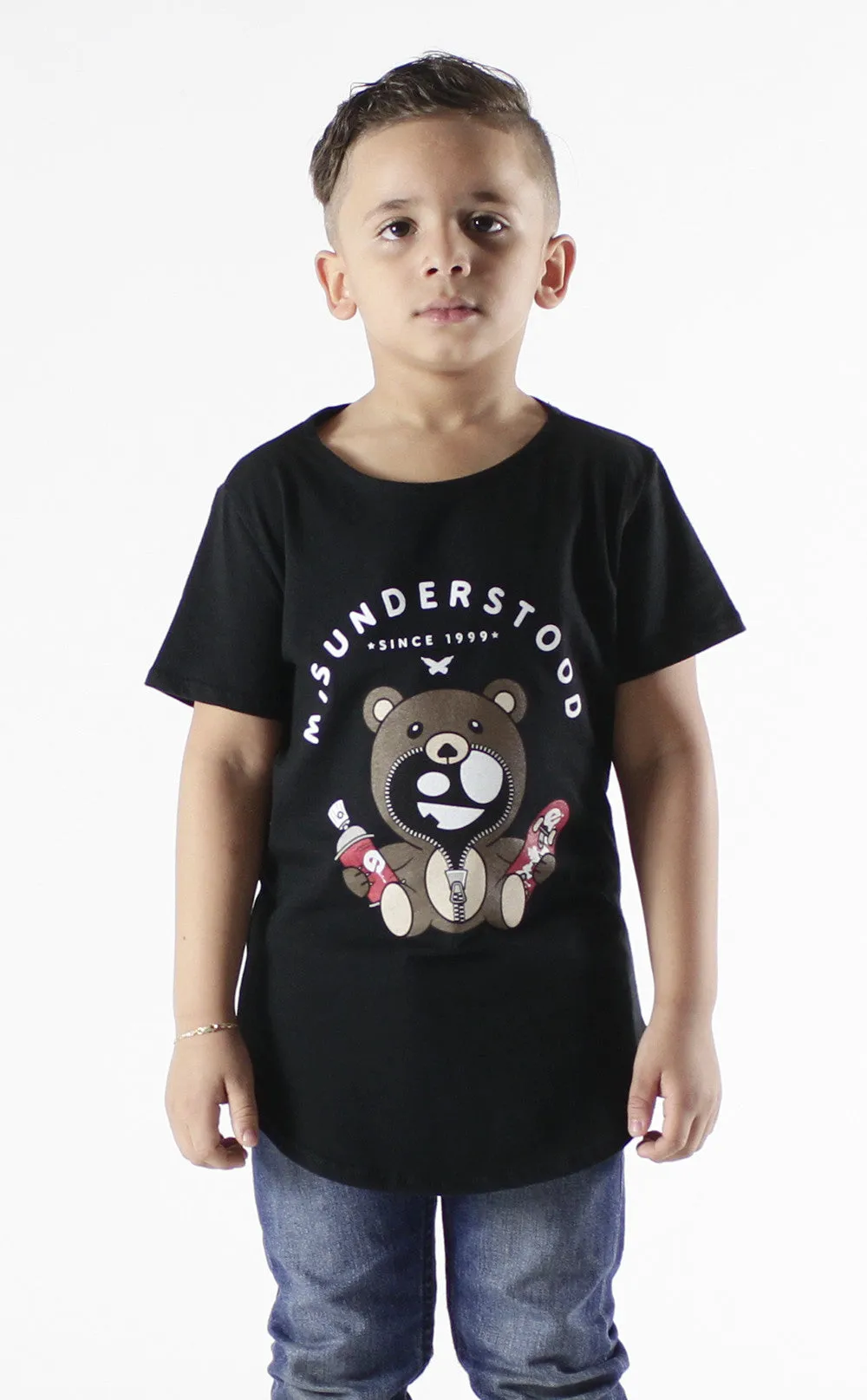Entree Kids Misuderstood Teddy Bear Black Curved Hem Tee