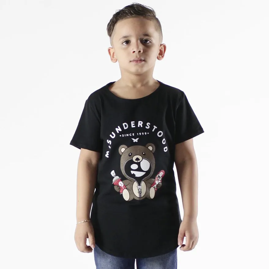Entree Kids Misuderstood Teddy Bear Black Curved Hem Tee