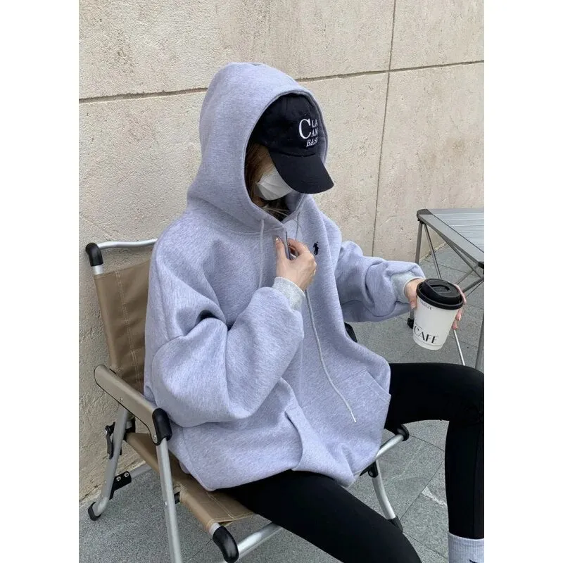 Getadme Grey Women Sweatshirt Hoodie Vintage Solid Long Sleeve Korean Fashion Zipper Casual Y2K Autumn NEW Female Black Pullover Tops