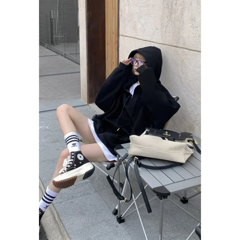 Getadme Grey Women Sweatshirt Hoodie Vintage Solid Long Sleeve Korean Fashion Zipper Casual Y2K Autumn NEW Female Black Pullover Tops