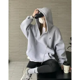 Getadme Grey Women Sweatshirt Hoodie Vintage Solid Long Sleeve Korean Fashion Zipper Casual Y2K Autumn NEW Female Black Pullover Tops