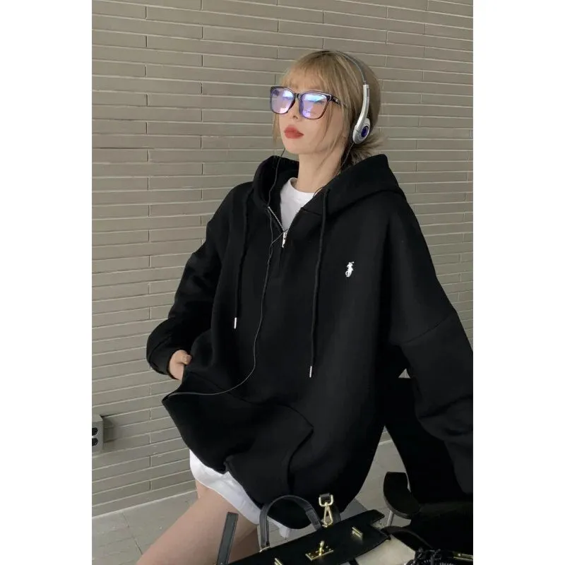 Getadme Grey Women Sweatshirt Hoodie Vintage Solid Long Sleeve Korean Fashion Zipper Casual Y2K Autumn NEW Female Black Pullover Tops