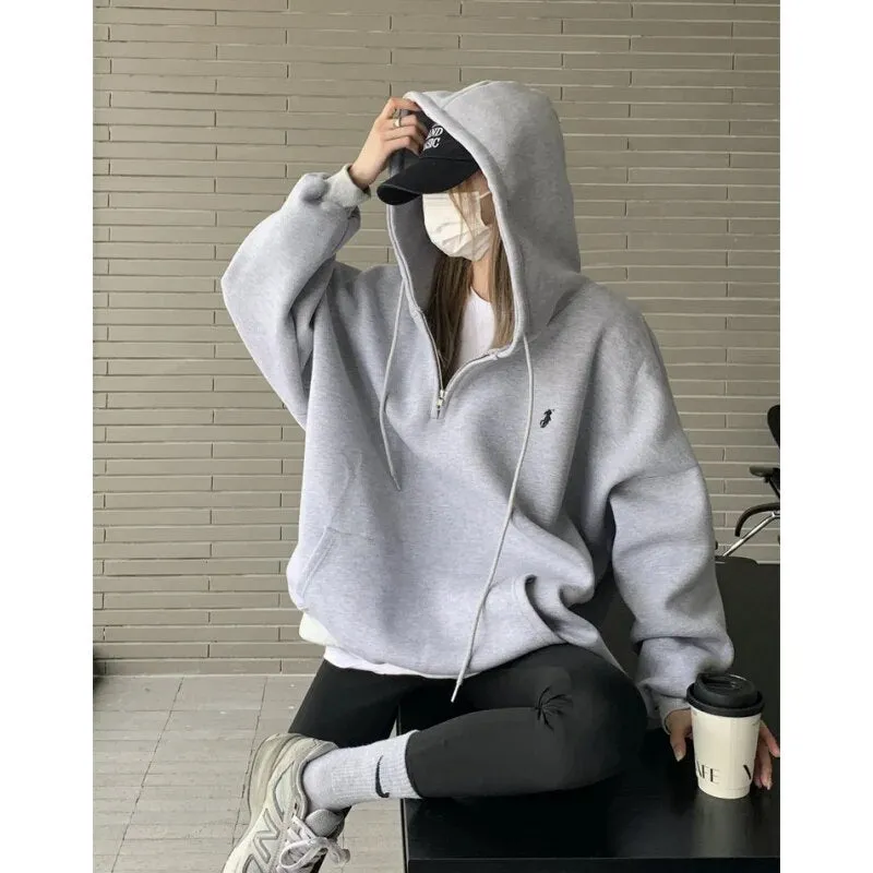 Getadme Grey Women Sweatshirt Hoodie Vintage Solid Long Sleeve Korean Fashion Zipper Casual Y2K Autumn NEW Female Black Pullover Tops