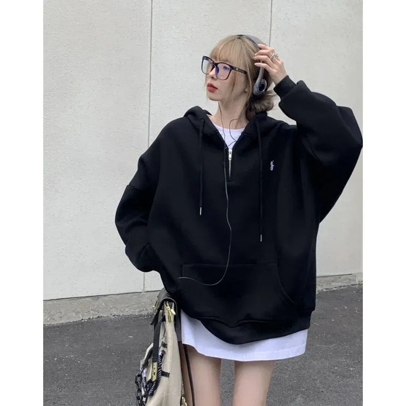 Getadme Grey Women Sweatshirt Hoodie Vintage Solid Long Sleeve Korean Fashion Zipper Casual Y2K Autumn NEW Female Black Pullover Tops