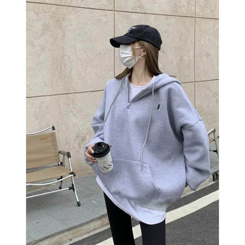 Getadme Grey Women Sweatshirt Hoodie Vintage Solid Long Sleeve Korean Fashion Zipper Casual Y2K Autumn NEW Female Black Pullover Tops