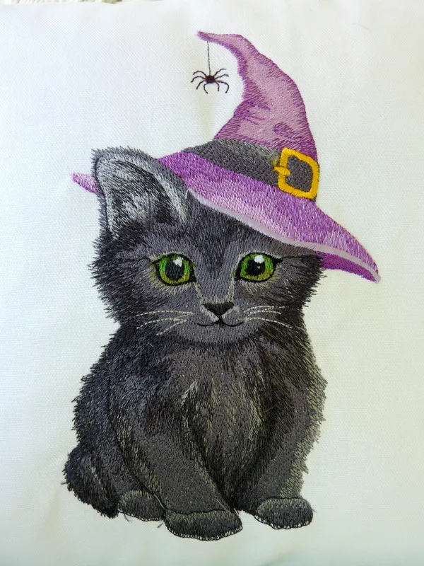 Halloween kitten pillow cover, Embroidered pillows, Black Cat pillow covers