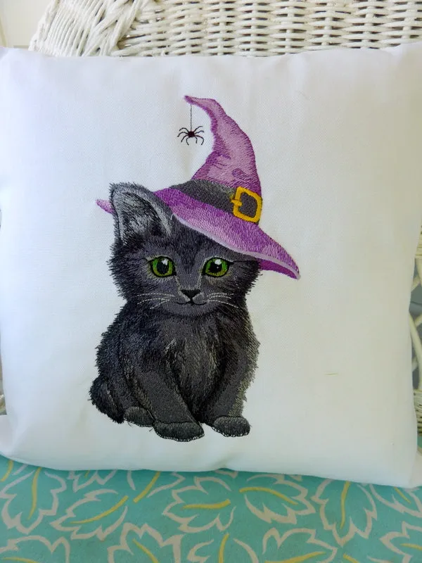 Halloween kitten pillow cover, Embroidered pillows, Black Cat pillow covers