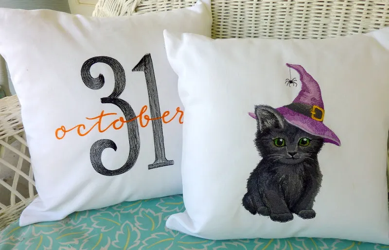 Halloween kitten pillow cover, Embroidered pillows, Black Cat pillow covers