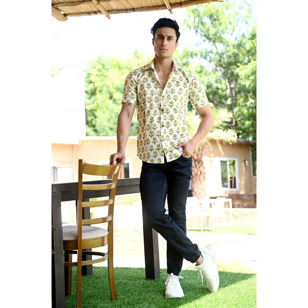 Hatheli White & Green Floral Hand Block Shirt