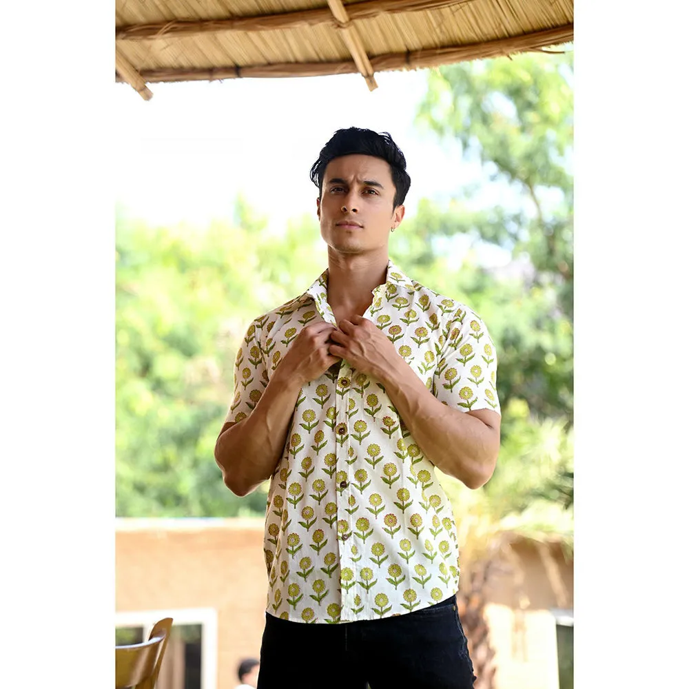 Hatheli White & Green Floral Hand Block Shirt