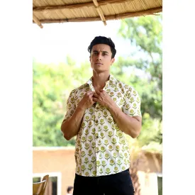 Hatheli White & Green Floral Hand Block Shirt