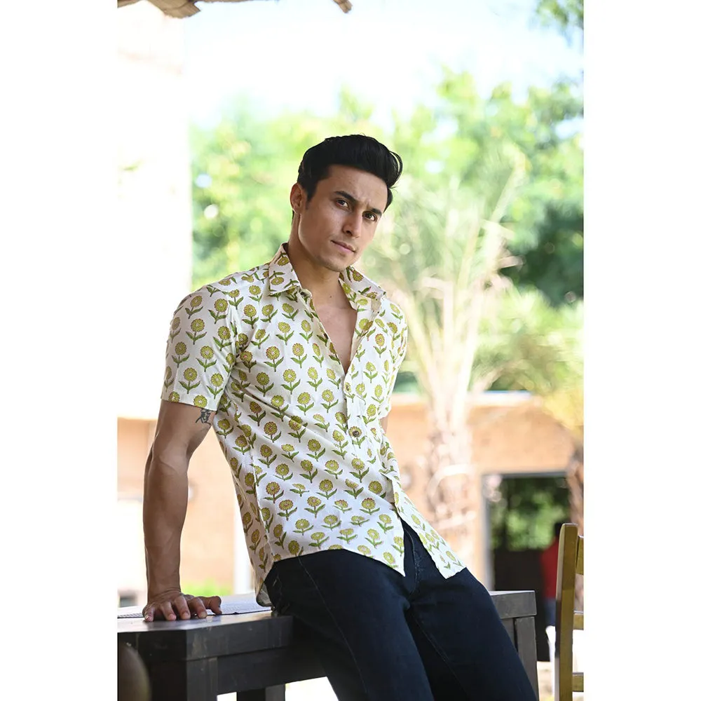 Hatheli White & Green Floral Hand Block Shirt