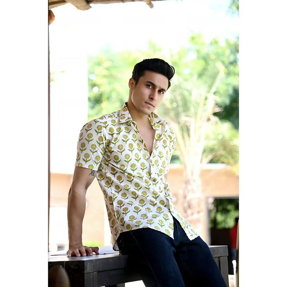 Hatheli White & Green Floral Hand Block Shirt