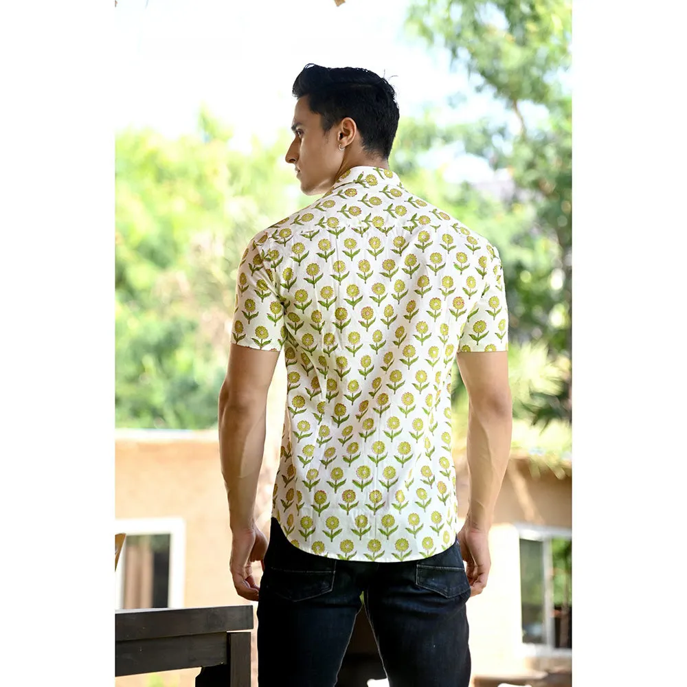 Hatheli White & Green Floral Hand Block Shirt