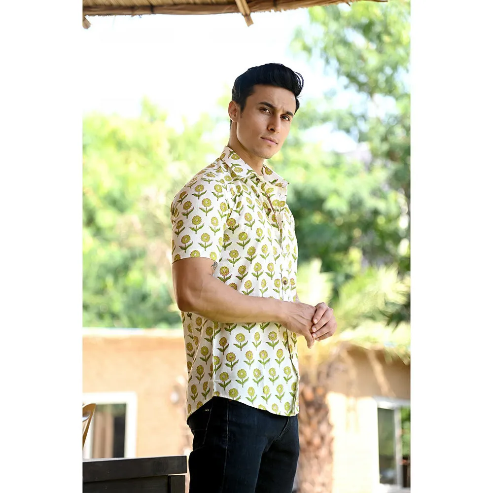 Hatheli White & Green Floral Hand Block Shirt