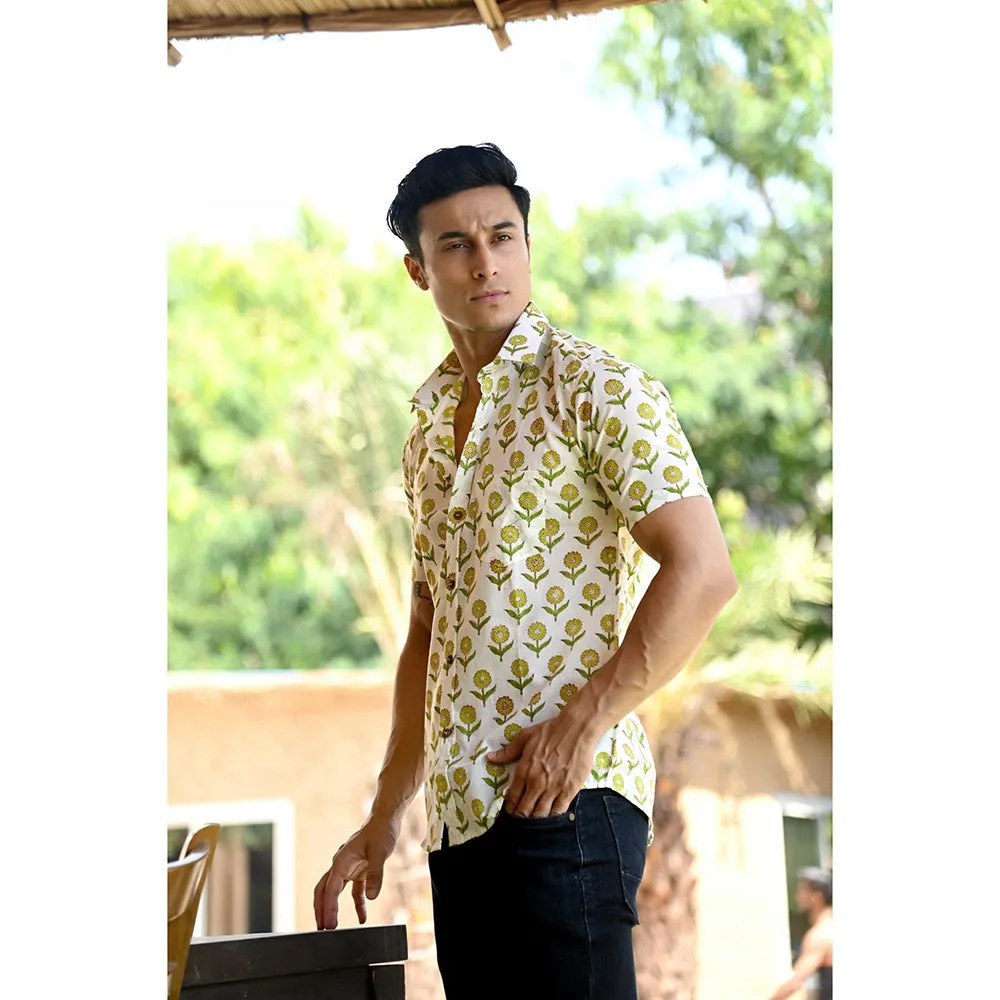 Hatheli White & Green Floral Hand Block Shirt