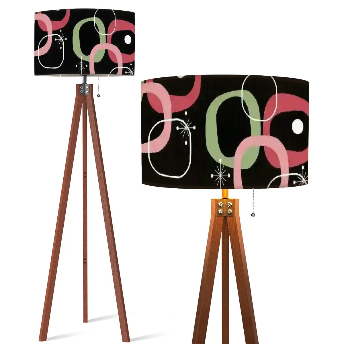 Mid Century Modern Geometric Mod Black, Green Pink, Tripod Floor Lamp