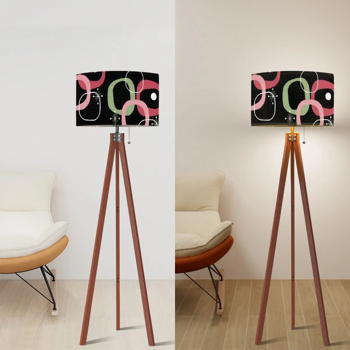 Mid Century Modern Geometric Mod Black, Green Pink, Tripod Floor Lamp