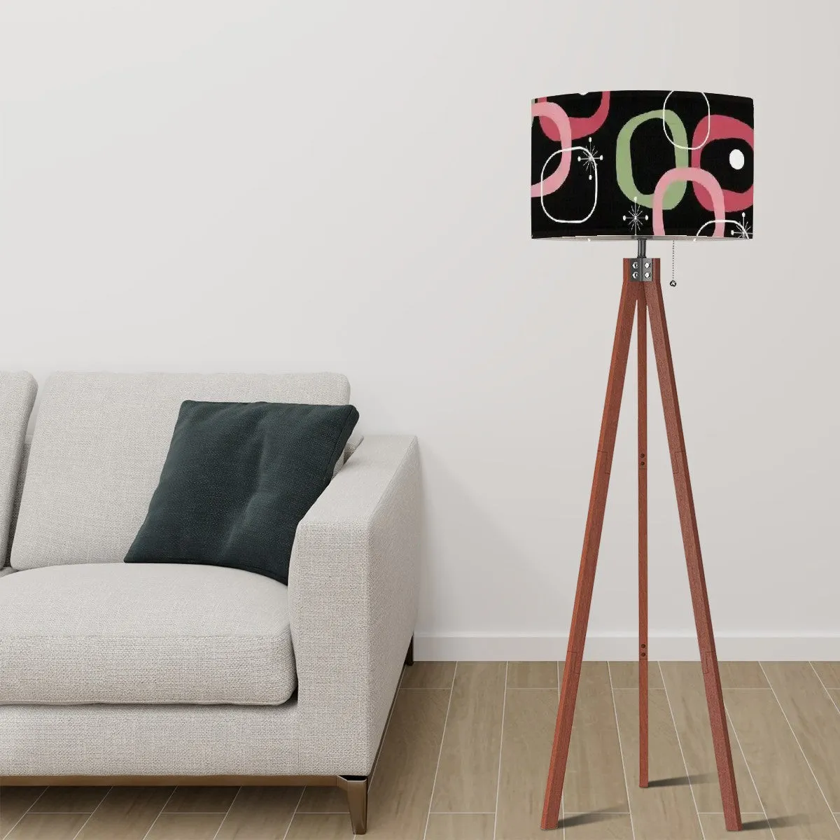 Mid Century Modern Geometric Mod Black, Green Pink, Tripod Floor Lamp
