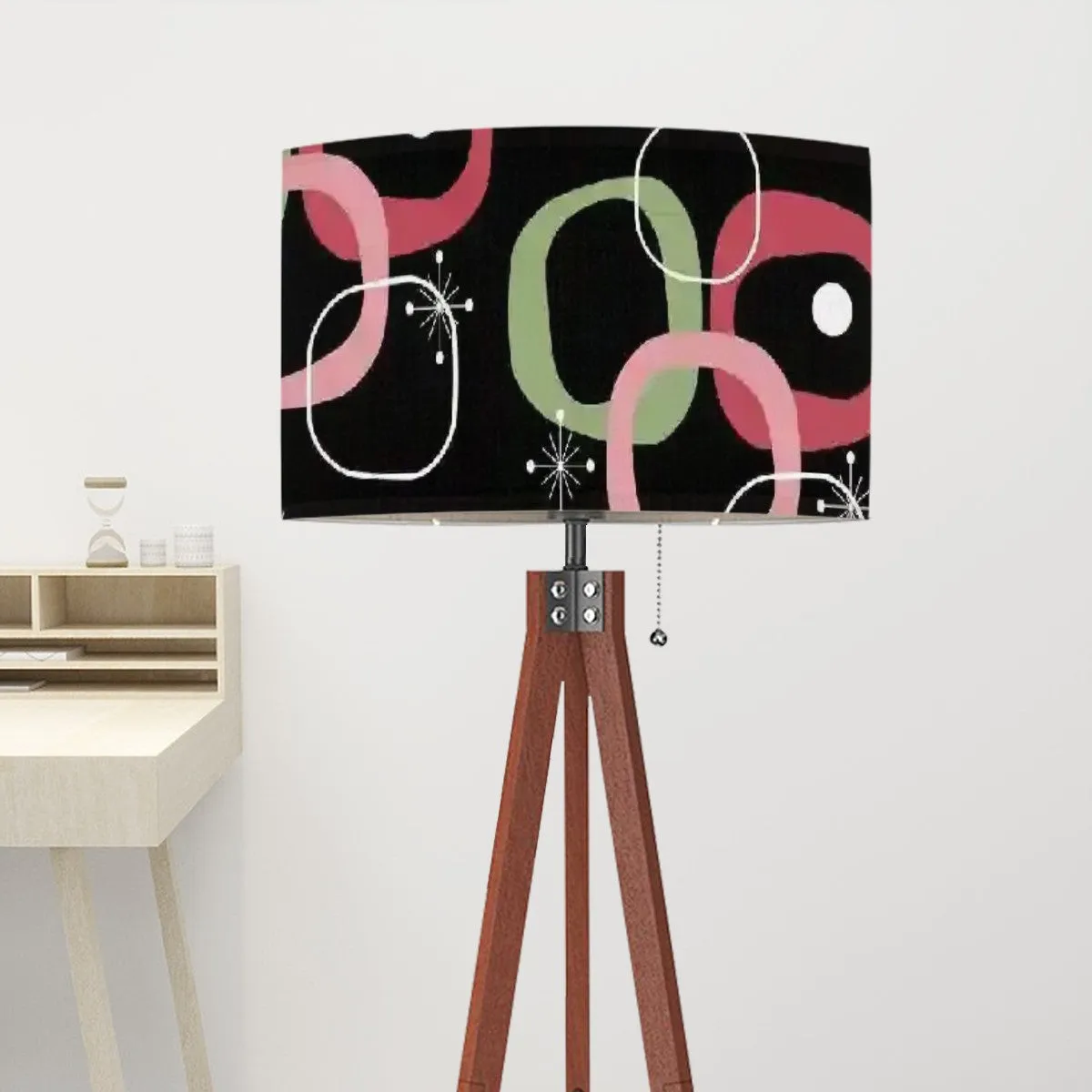 Mid Century Modern Geometric Mod Black, Green Pink, Tripod Floor Lamp